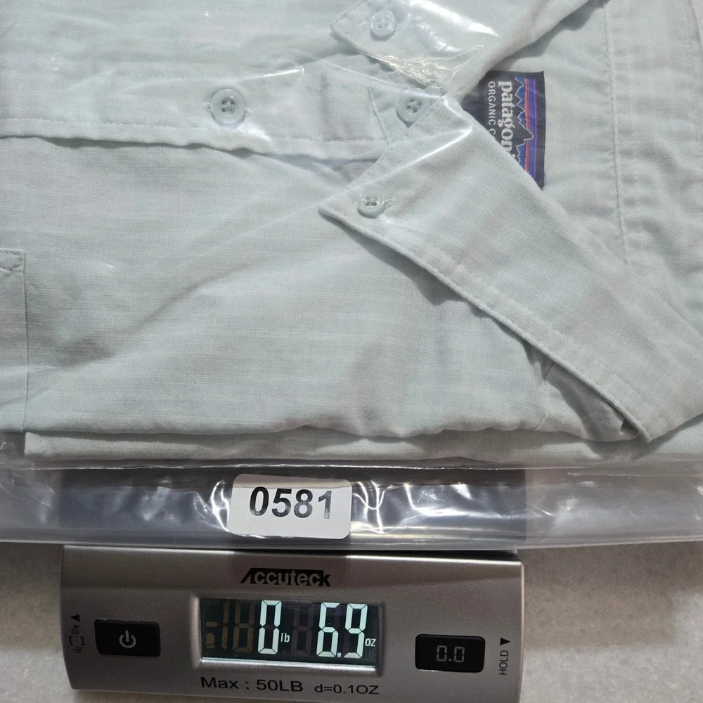 Patagonia Mens Large Blue White Striped Organic Cotton Short Sleeve Button Shirt
